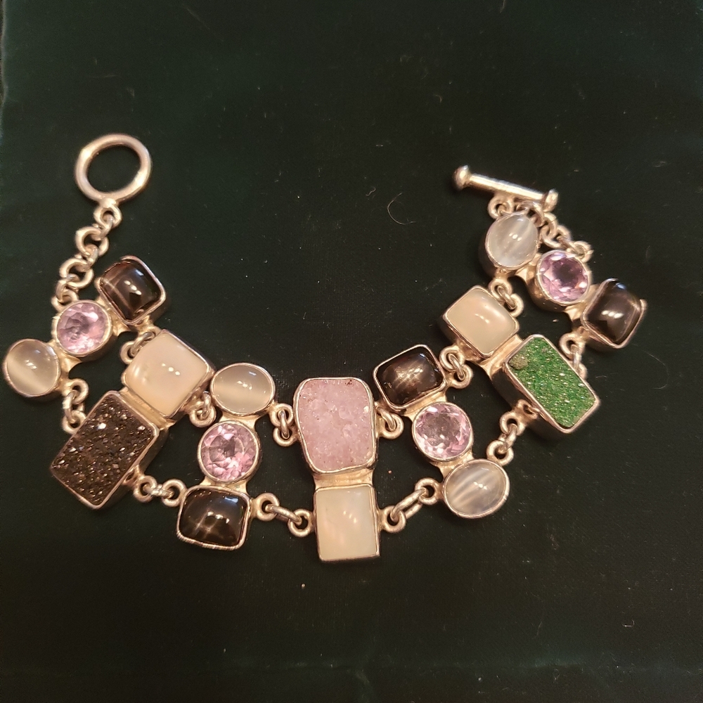 Signed Starborn SS double row Druzy quartz, moonstone& gemstone toggle bracelet